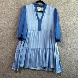 EMILY MCCARTHY Frankie Mini Dress Women’s Medium Blue Tiered Balloon Sleeve